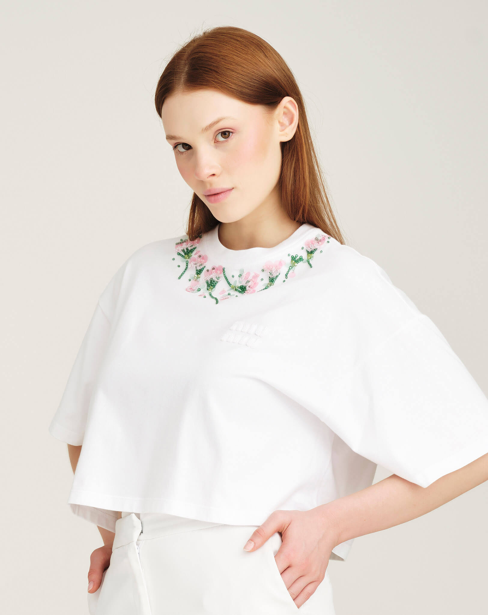 Miu Miu - Embellished Necklace Crop Tshirt S